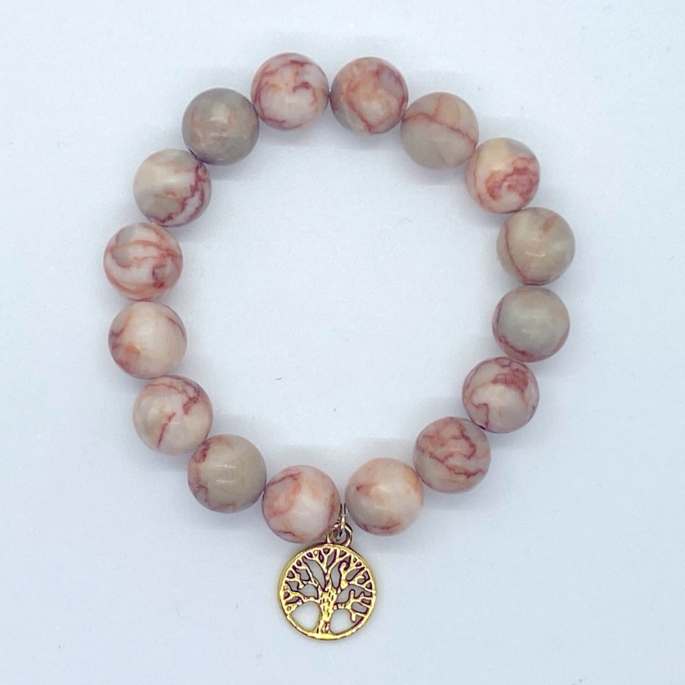 Beaded bracelet with tree of life charm - marble and gold tone